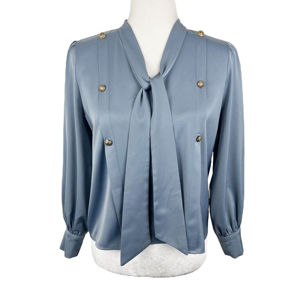 LD Star Quality Blue Blouse | Women’s Medium Puff Sleeve Tie Neck Career Casual